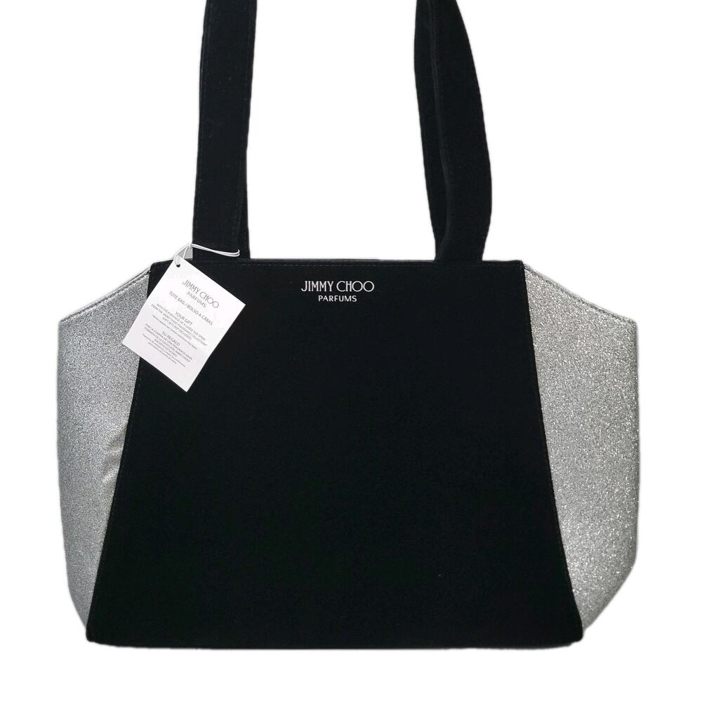 Jimmy Choo Tote Bag Black Velvet Silver Glitter Carry Overnight Travel Bag
